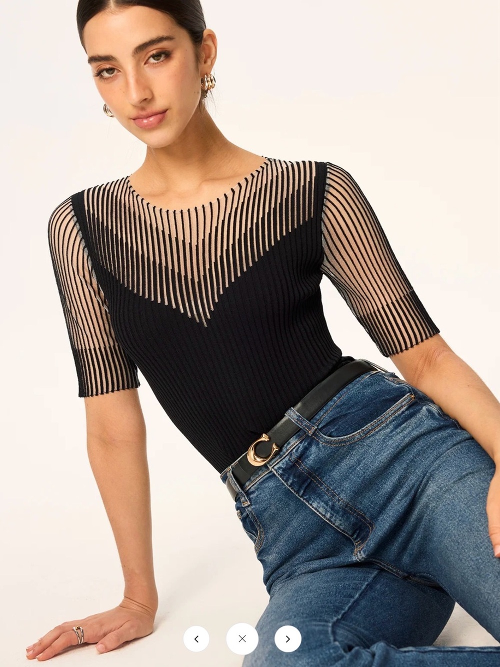 Commense Sheer Striped Panel Ribbed Ribbed Knit Top - Black - XL - Picture 6 of 7